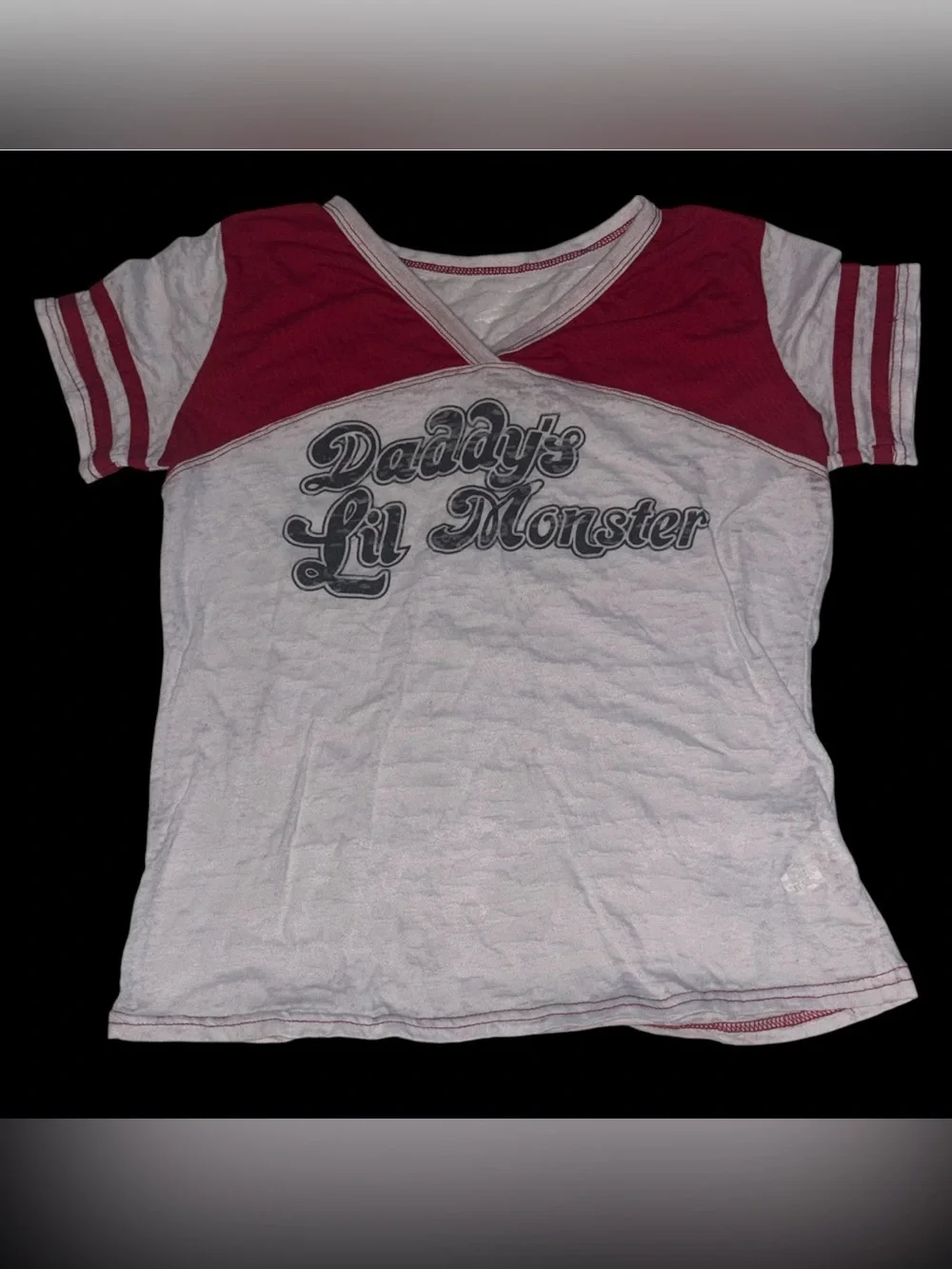 Daddy's Lil Monster Red & White V-Neck Tee Shirt Girls L